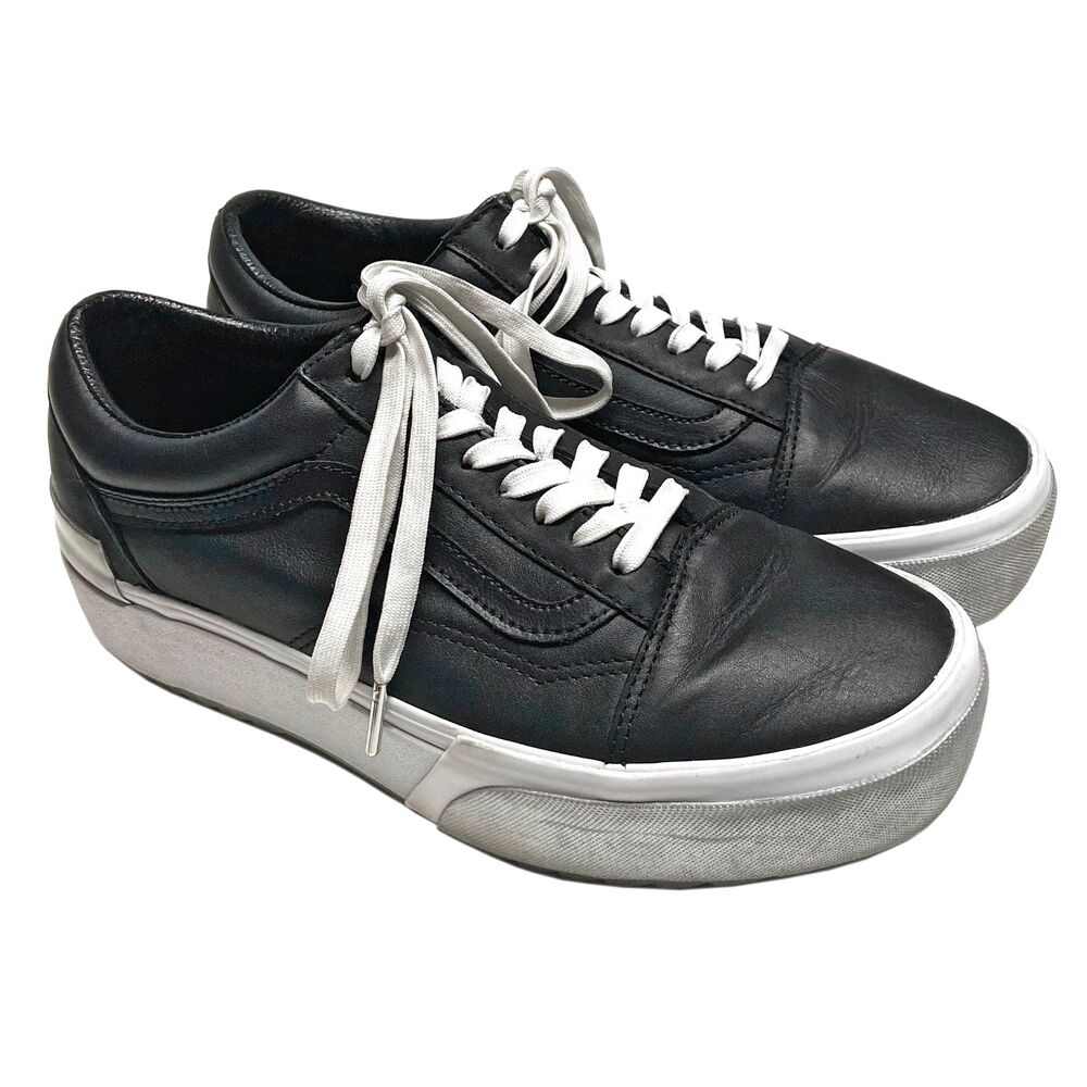 Vans Old Skool Stacked Platform Sneakers Women's 9.5 Shiny Black Leather Silver